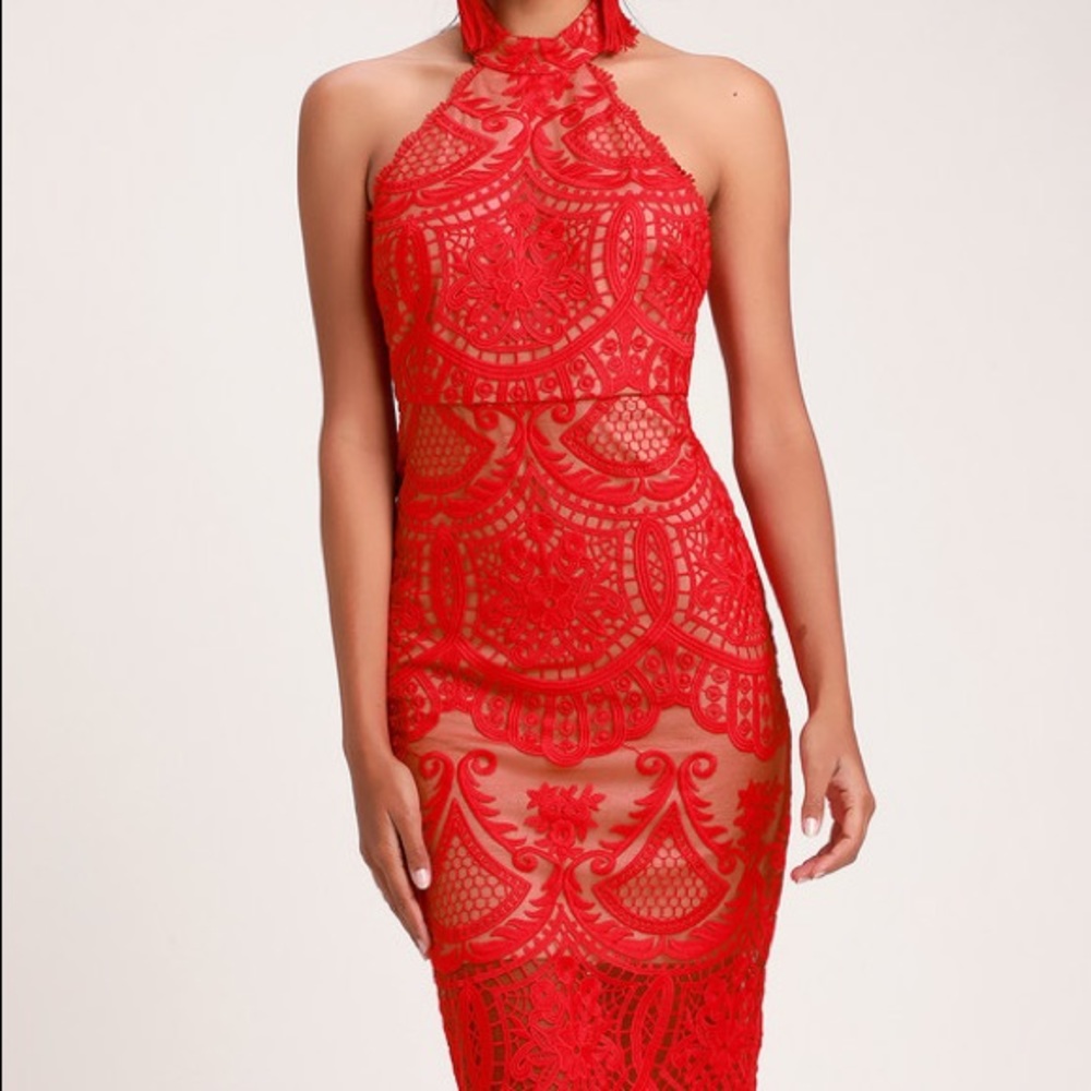 Lulu’s red embroidered halter high neck dress